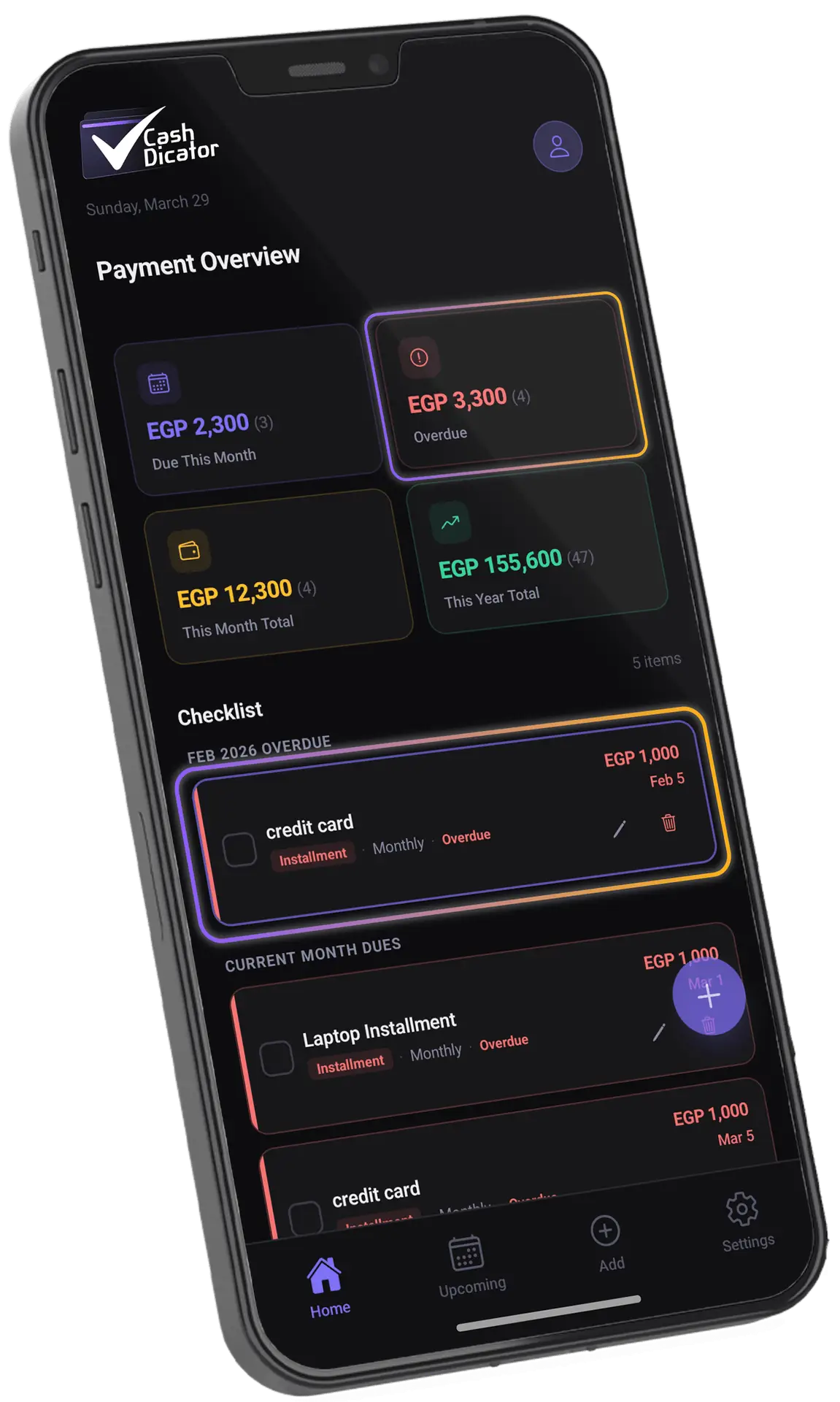 mobile app screen showing recurring payments checklist with due dates