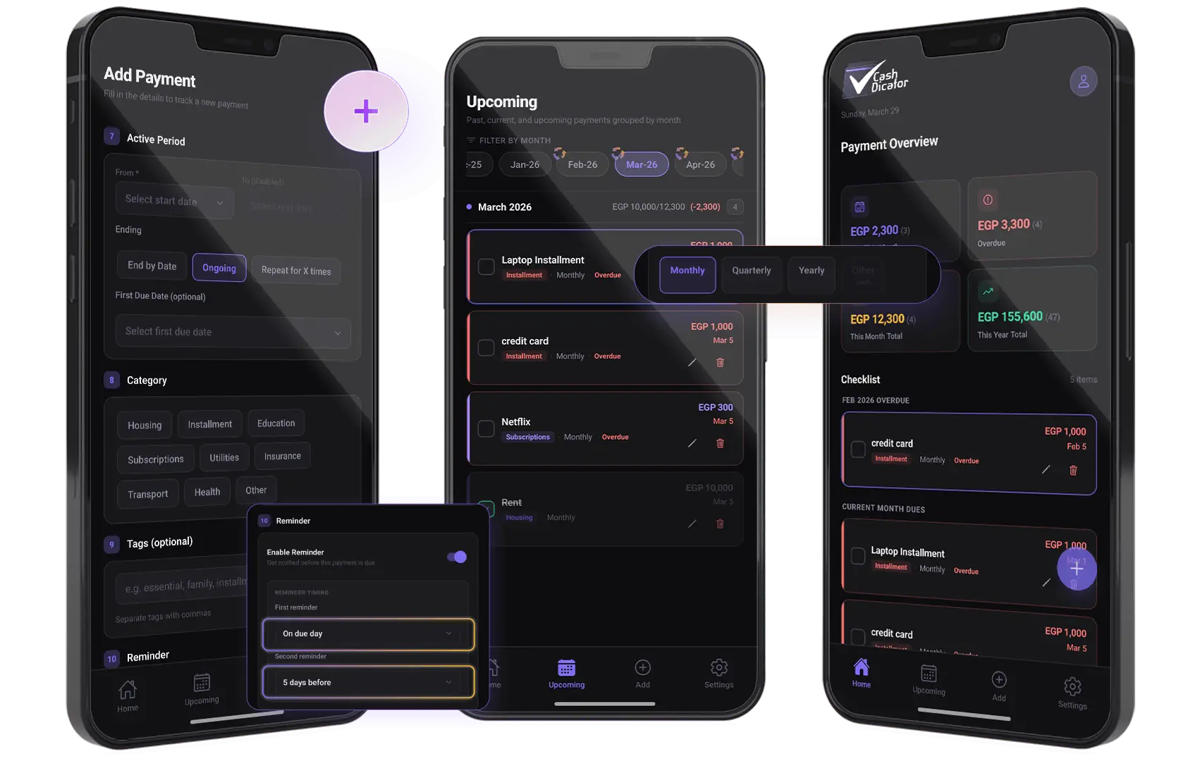 cash-dicator app preview showing dashboard checklist and payment tracking screens
