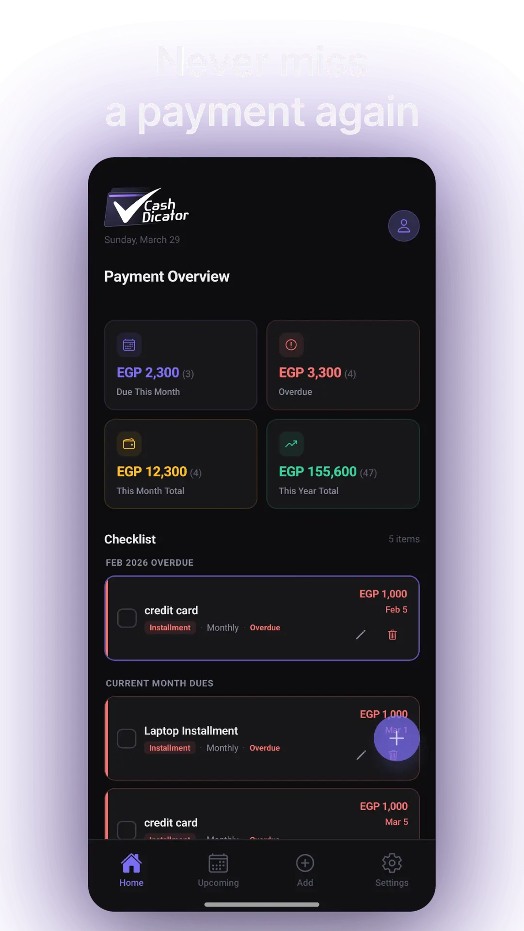 expense tracking app dashboard showing monthly totals and bills