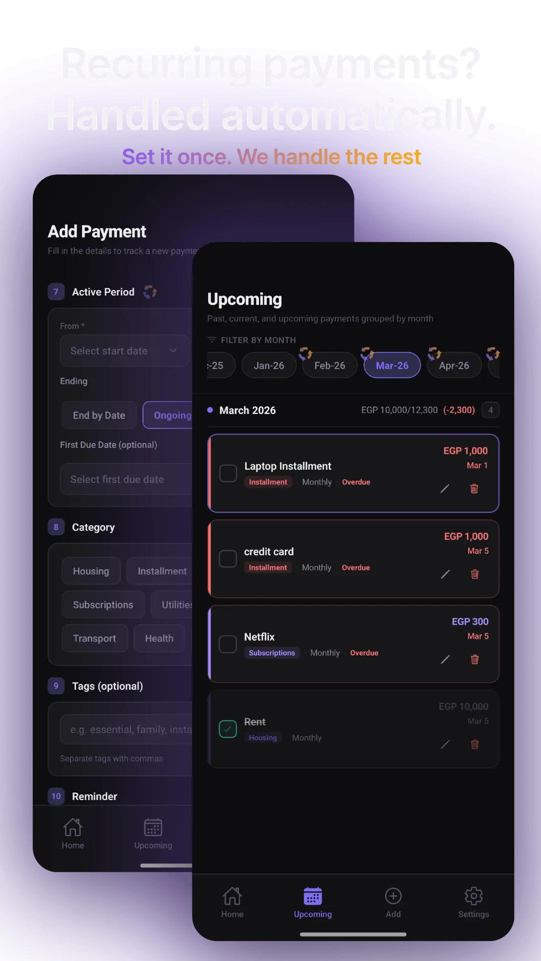 upcoming recurring payments list with monthly timeline view