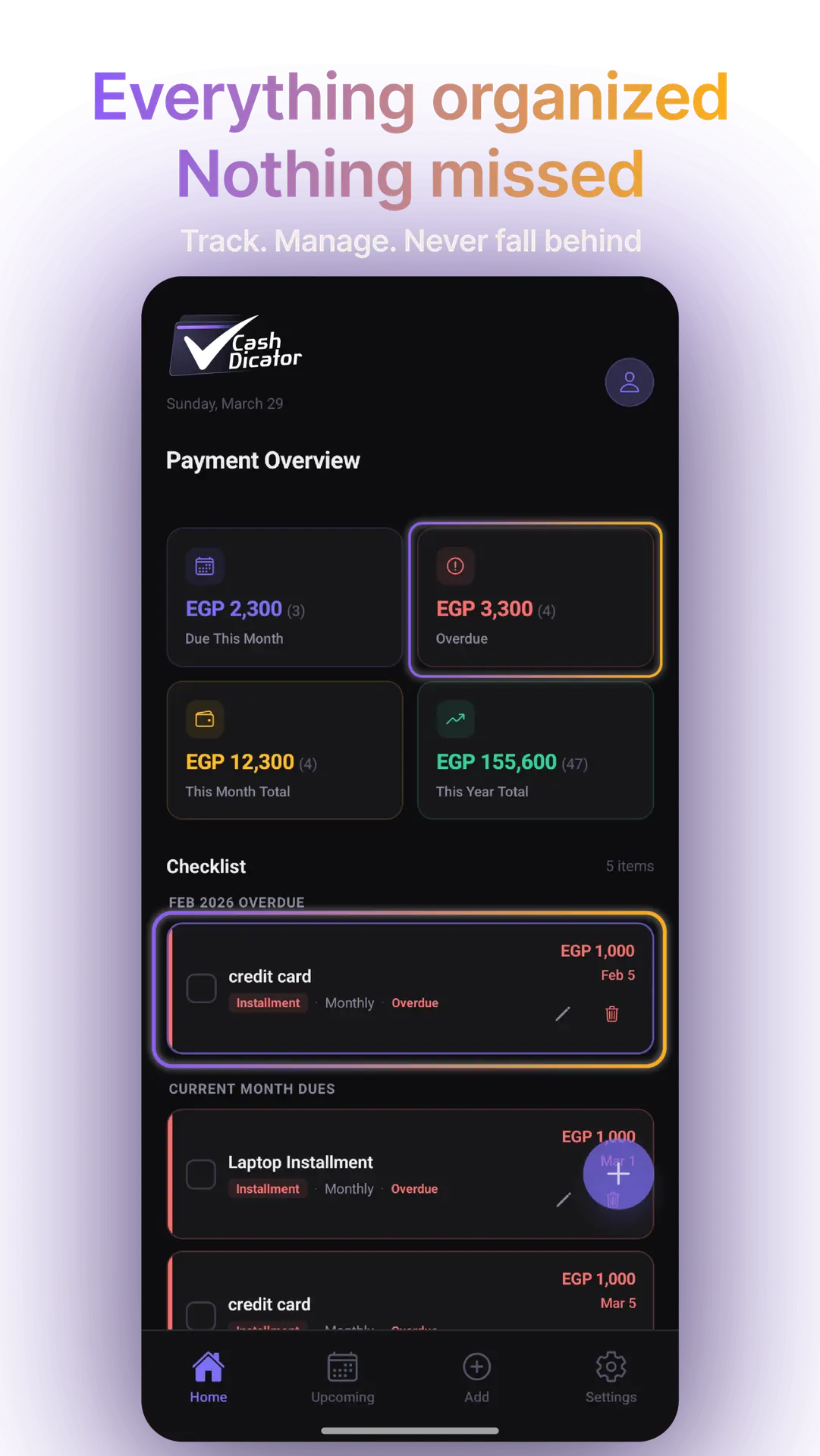 monthly payments dashboard with checklist tracking app interface