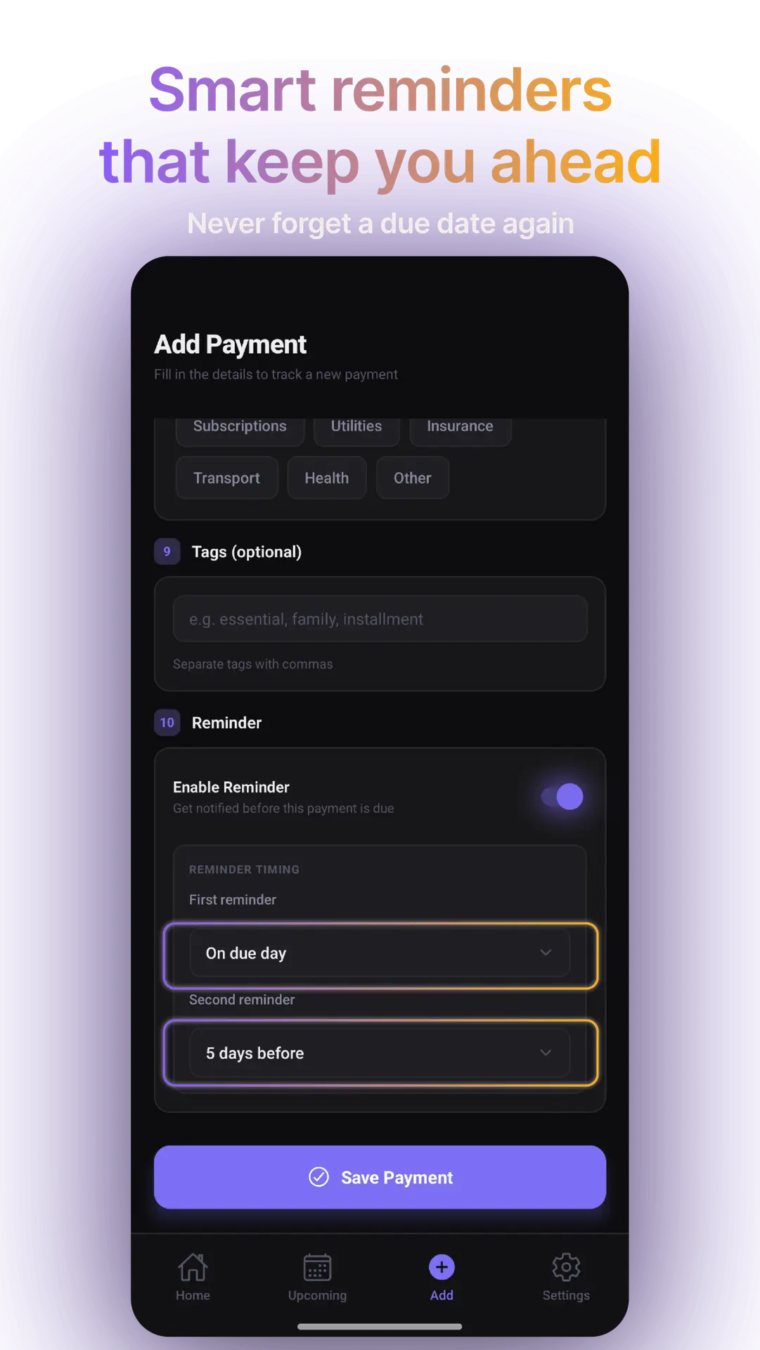 bill reminder setup screen with notification scheduling options