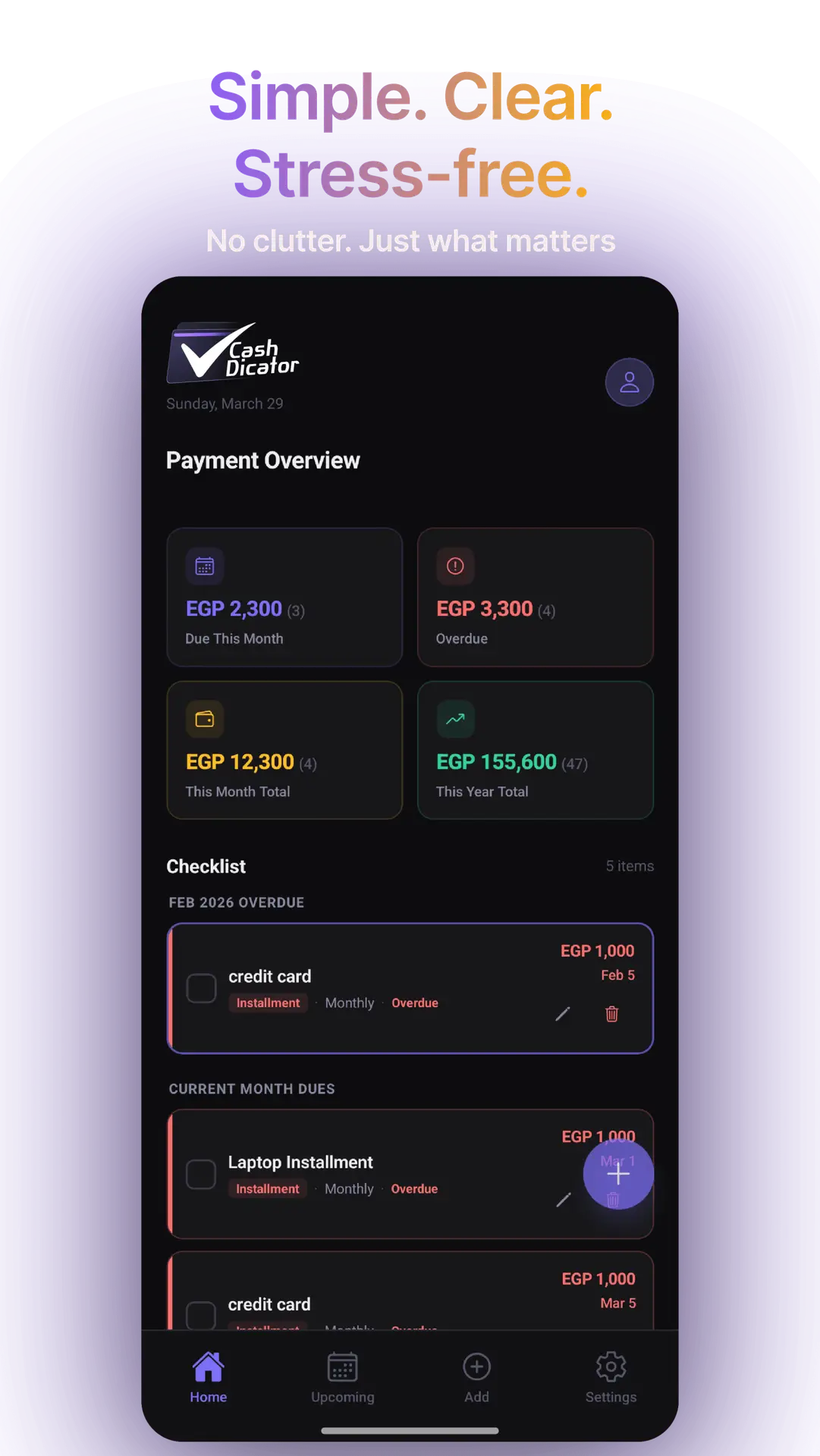 simple expense tracker interface with payment overview and checklist