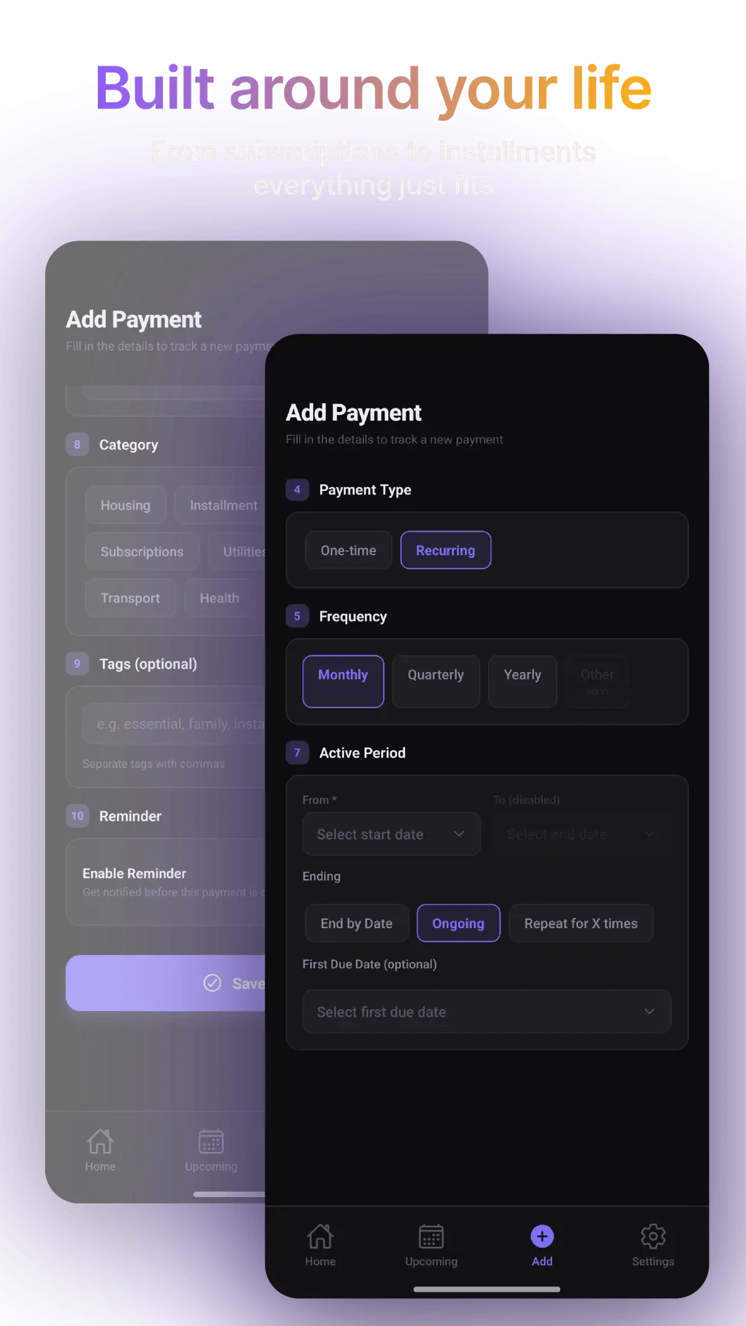 add recurring payment form with frequency and duration settings